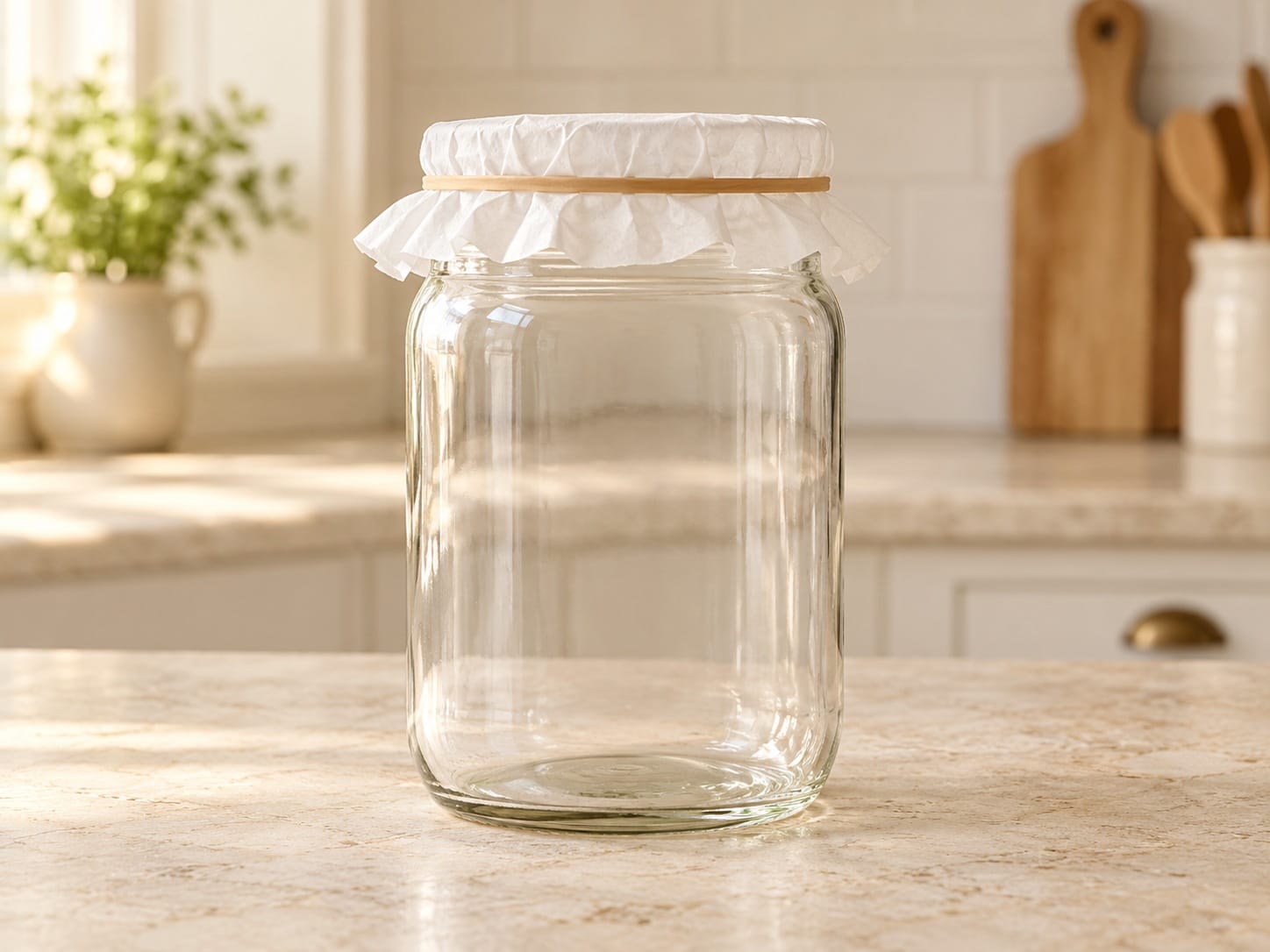 Clear glass starter jar with a breathable coffee filter cover