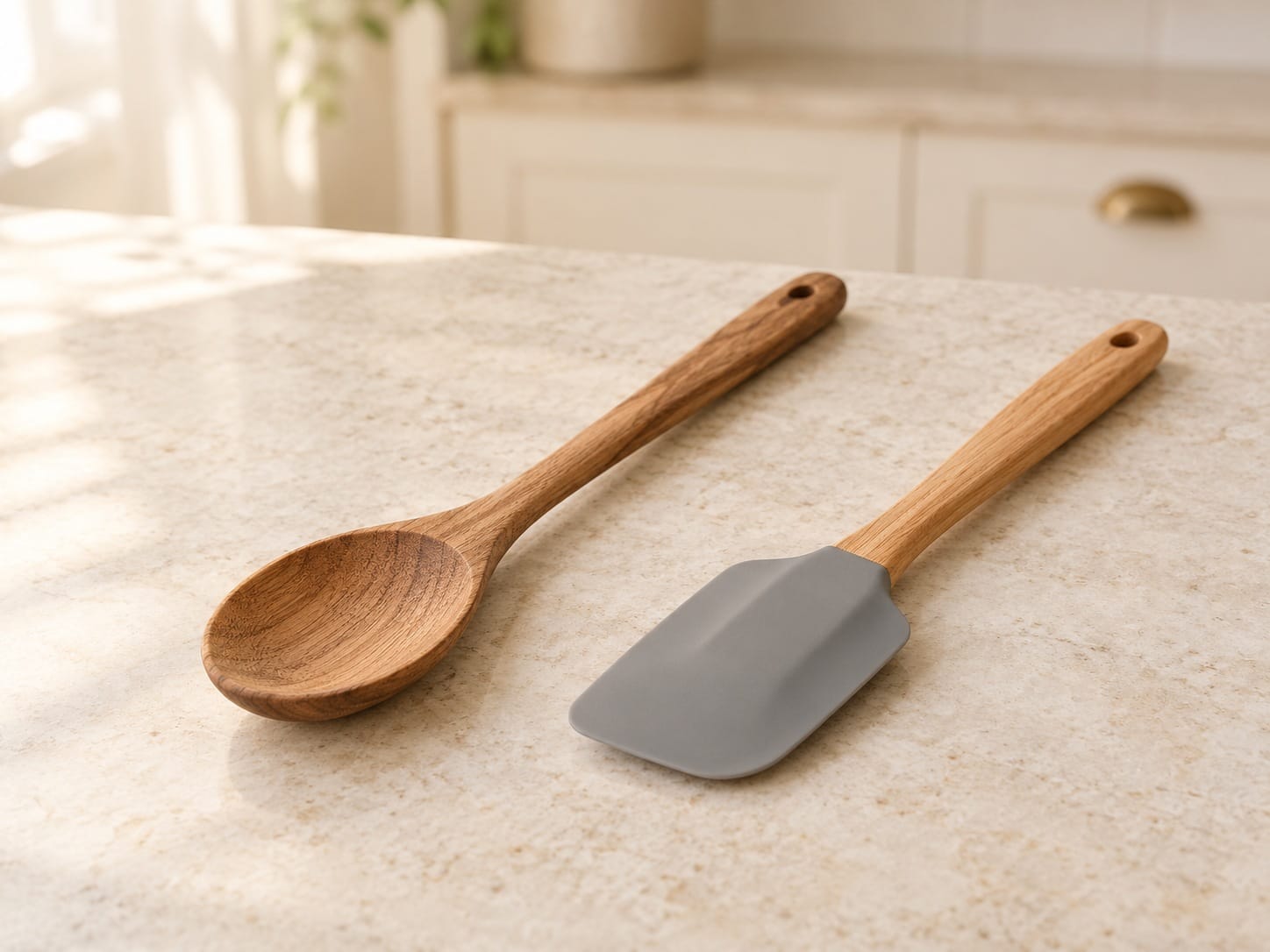 Wooden spoon and silicone spatula for mixing starter