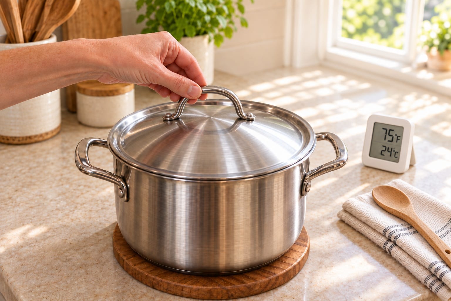 Covered stainless steel pot resting on a trivet in a warm kitchen