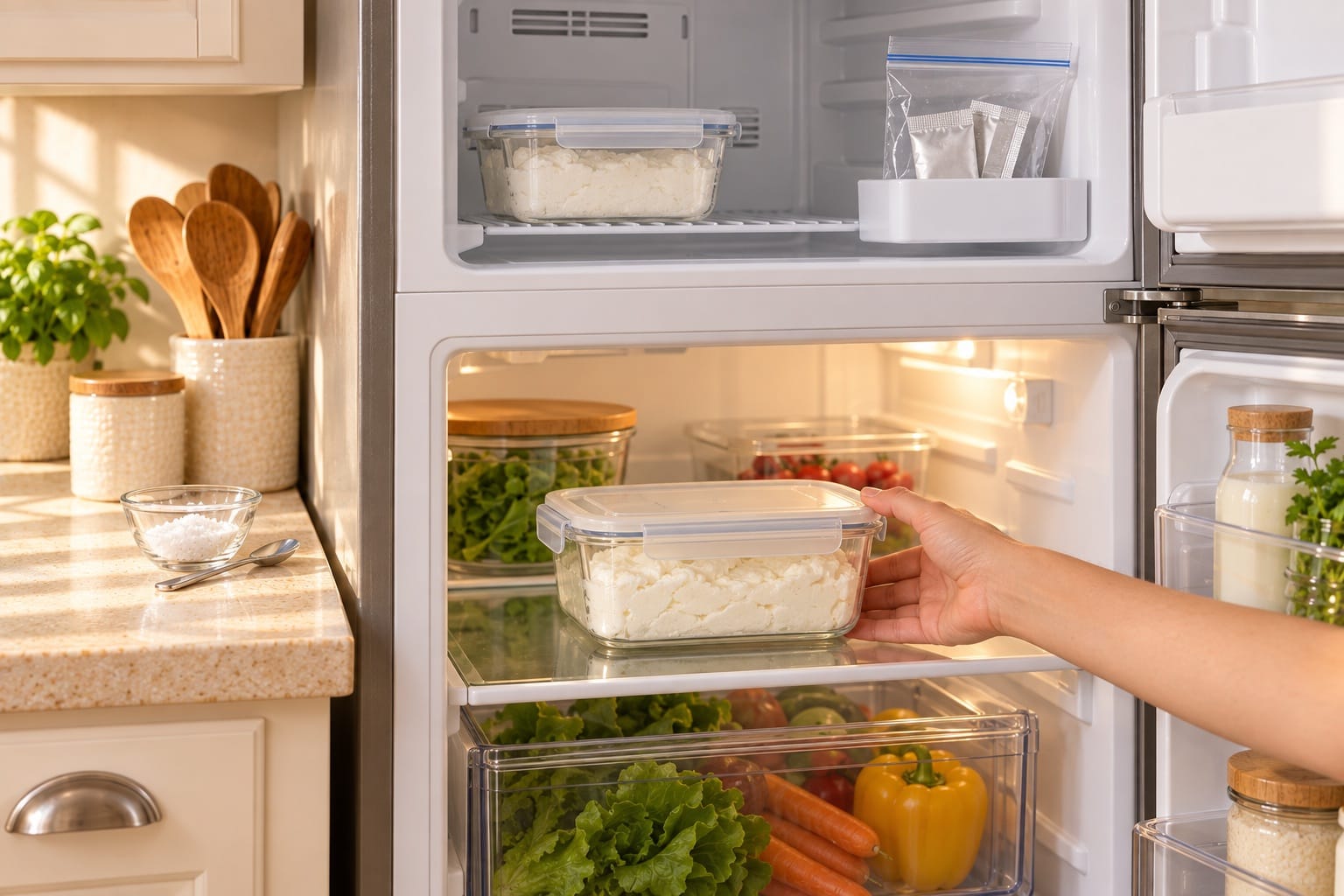 Finished fromage sealed in a refrigerator container with unused starter packets in the freezer