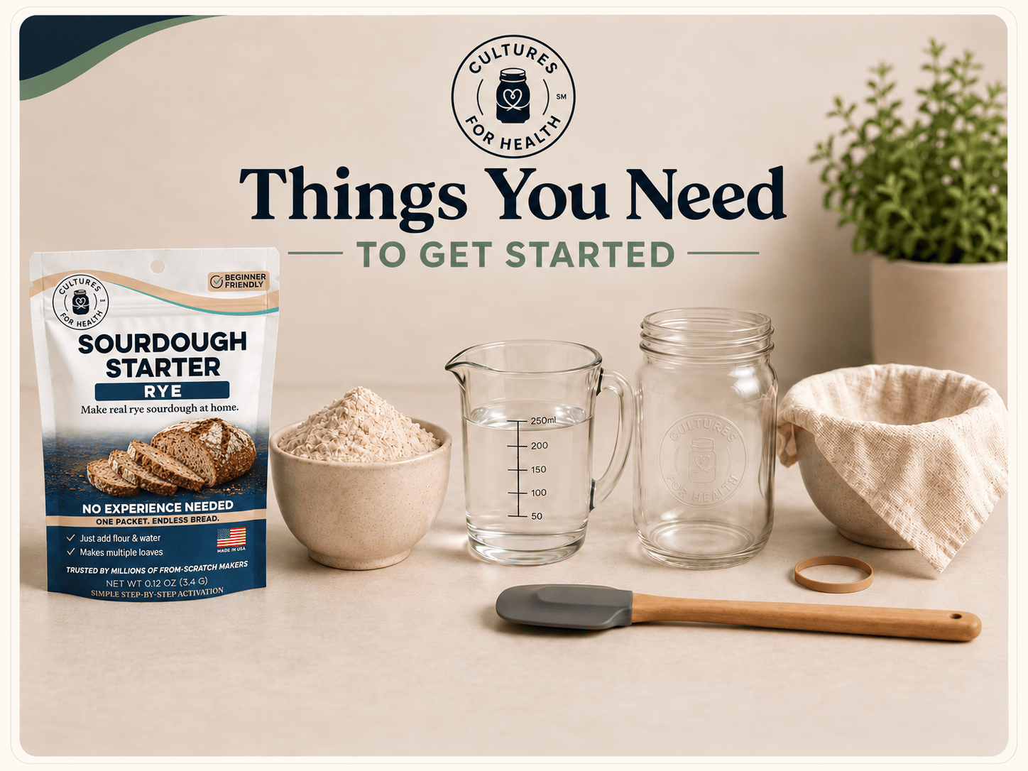 Rye Sourdough Starter pouch with rye flour, water, glass jar, breathable cloth, rubber band, and mixing utensil