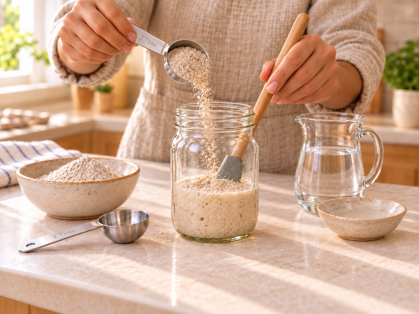 Rye sourdough starter activation step 2: first feeding