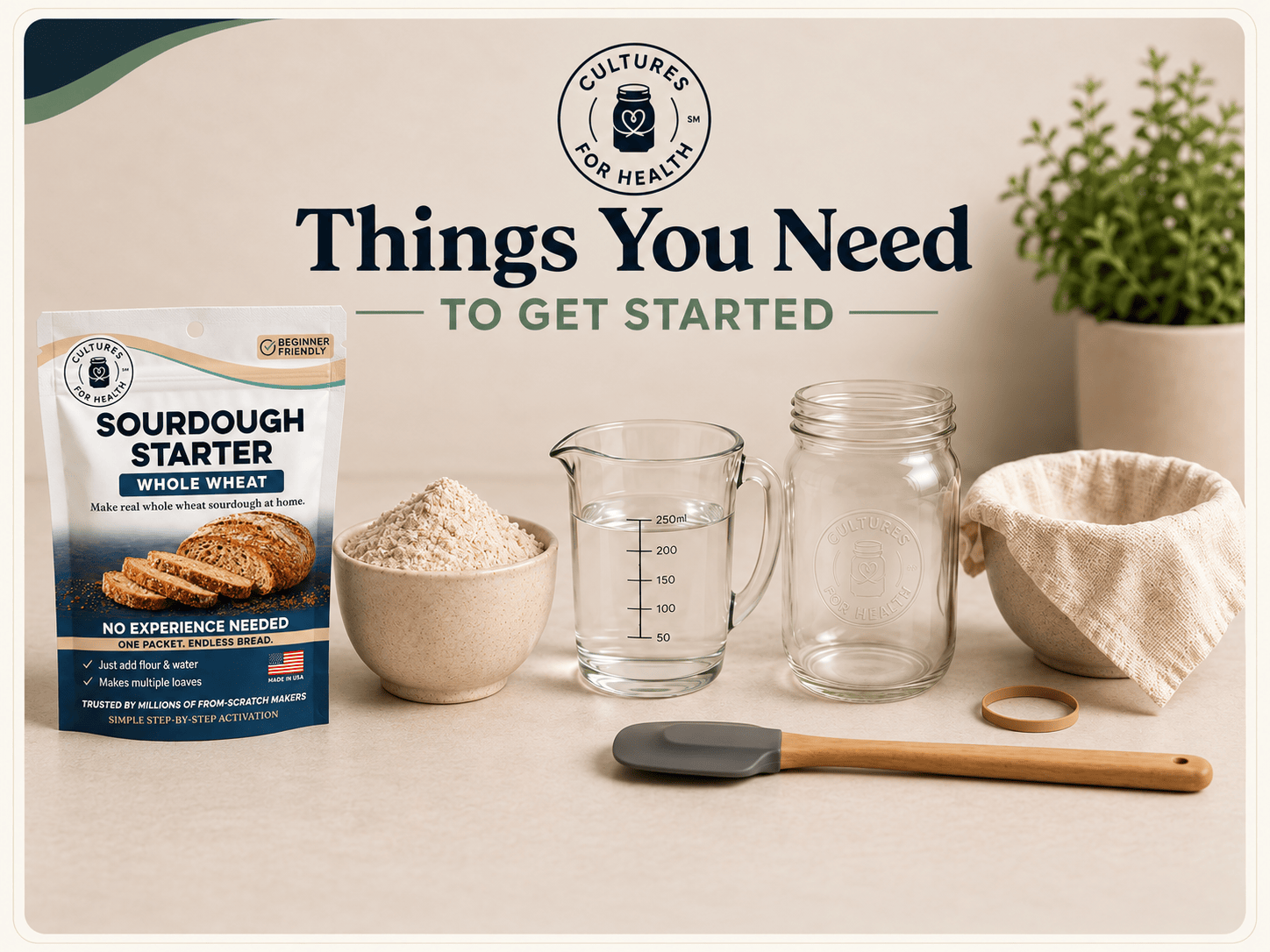 Whole Wheat Sourdough Starter pouch with whole-wheat flour, water, glass jar, breathable cloth, rubber band, and mixing utensil