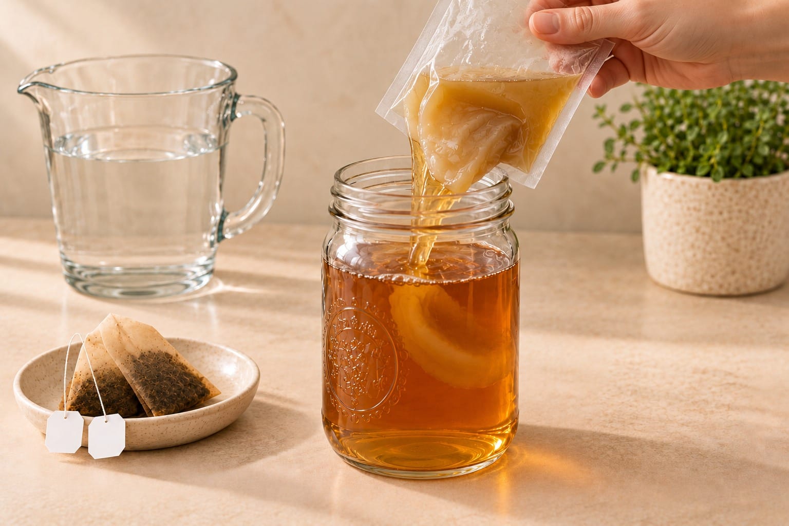 Add the fresh SCOBY and starter tea