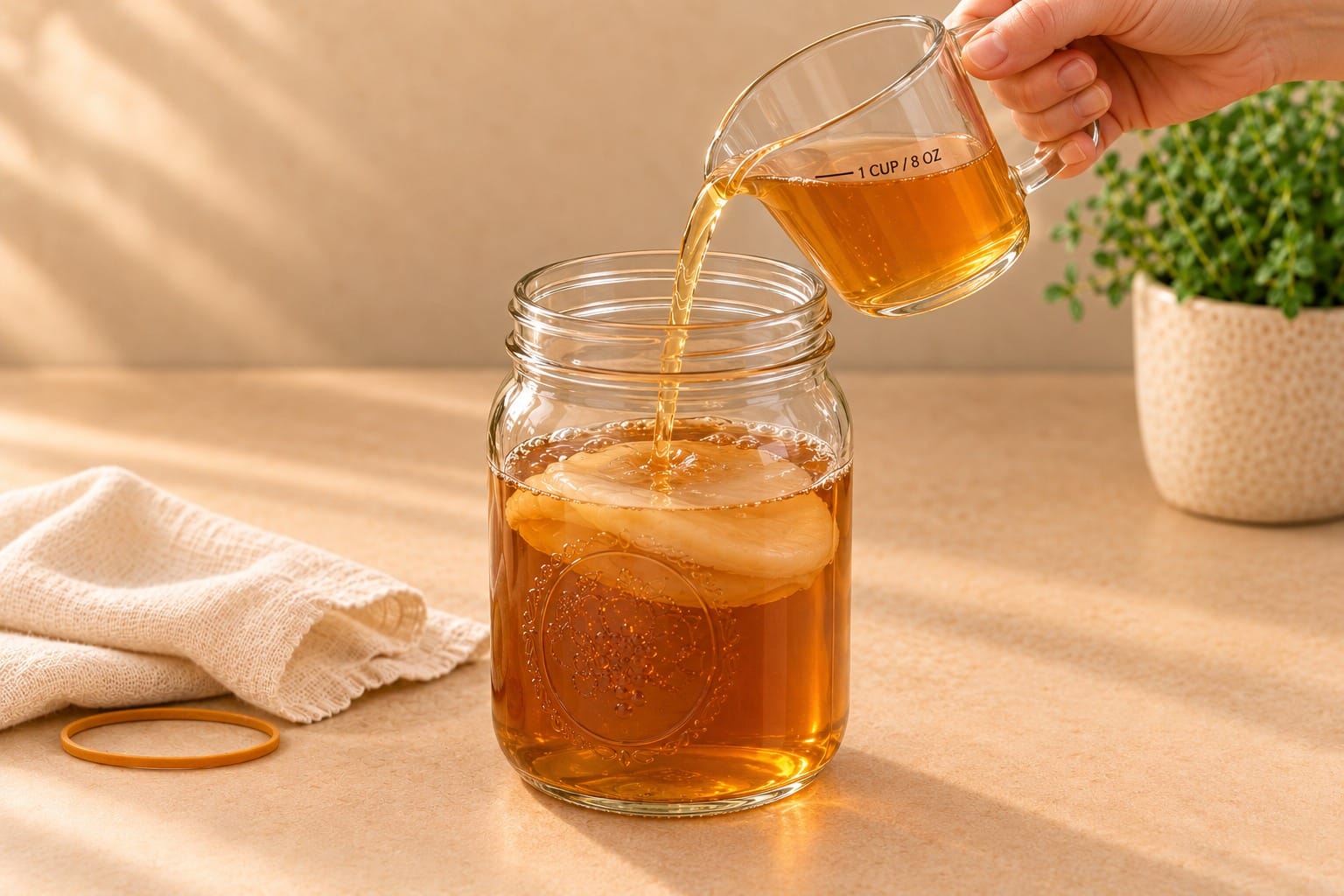 Add reserved kombucha to cooled sweet tea and the retained SCOBY