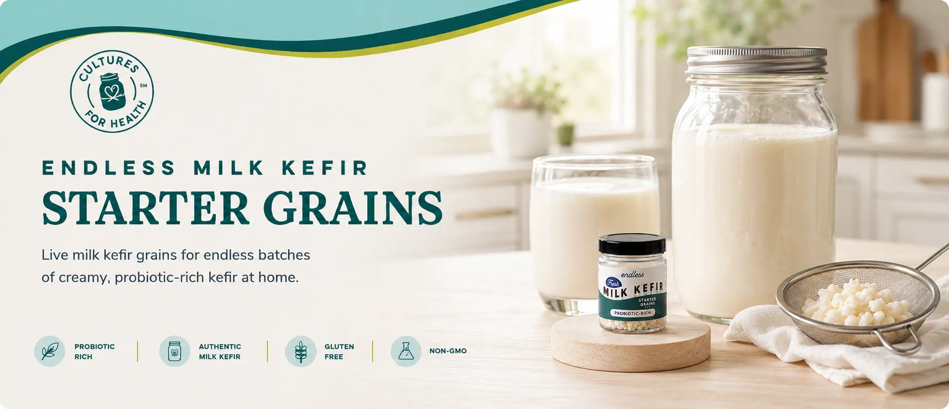 Cultures for Health Endless Milk Kefir Starter Grains jar beside jars of finished milk kefir and a strainer of grains