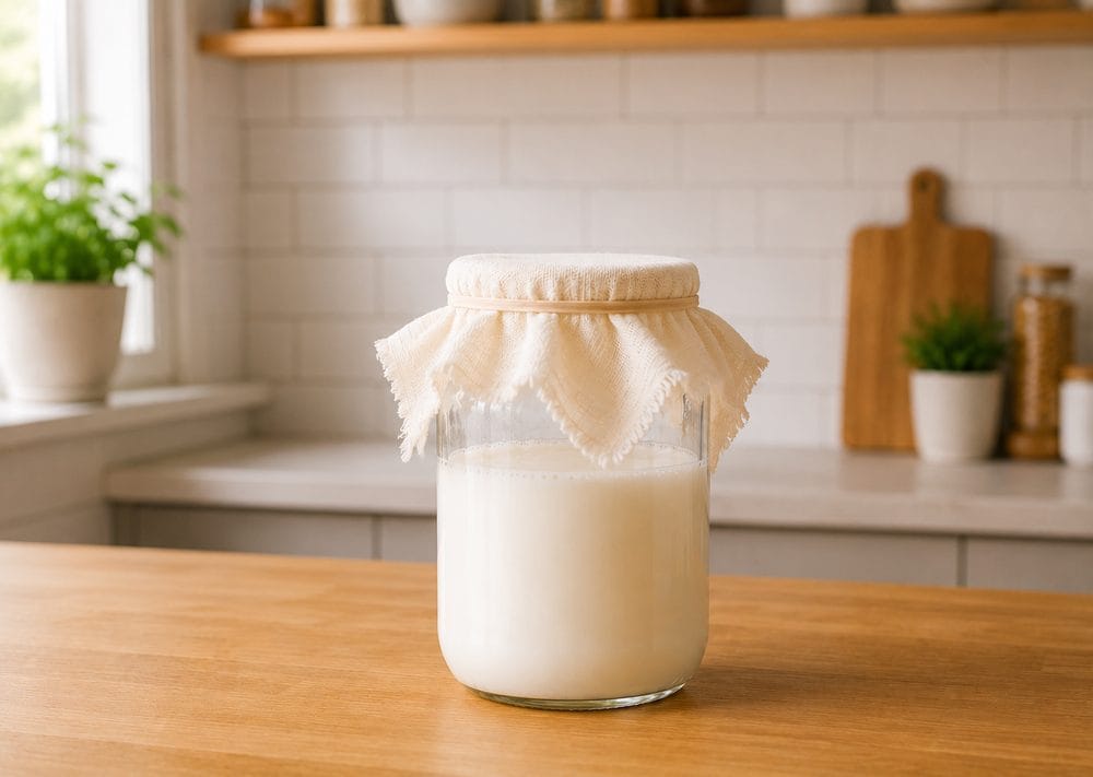 Quart jar of milk covered with butter muslin and a rubber band culturing on a counter