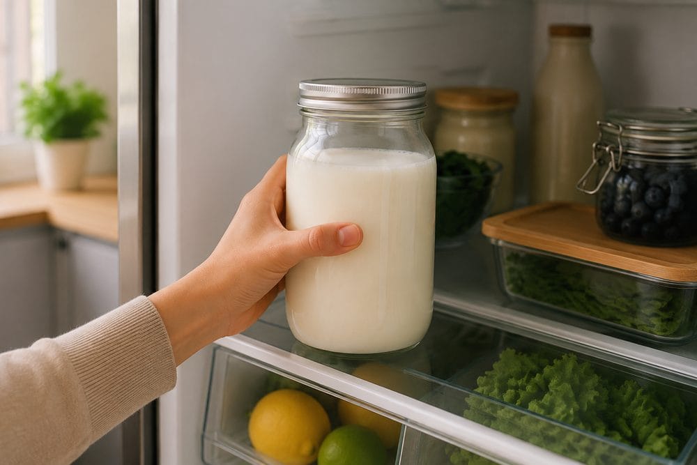 A jar of finished milk kefir chilling in the refrigerator before serving