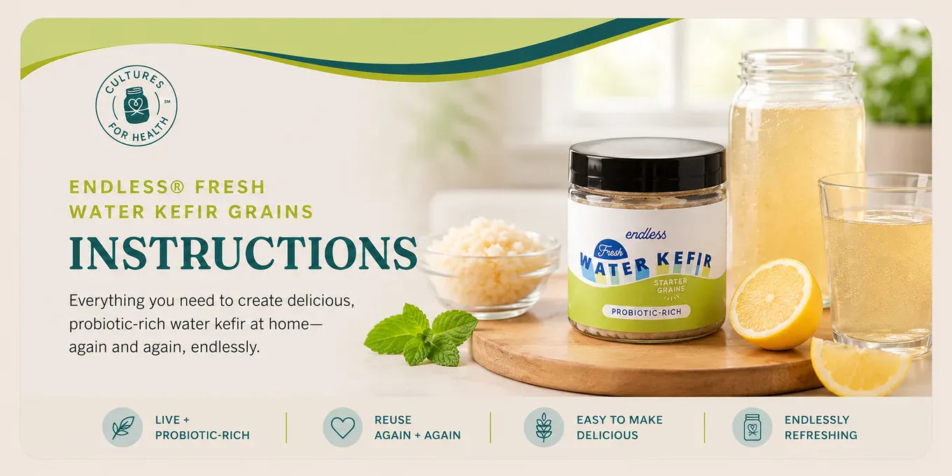 Cultures for Health Endless Fresh Water Kefir Starter Grains jar with a bowl of grains, lemon, and two glasses of finished water kefir
