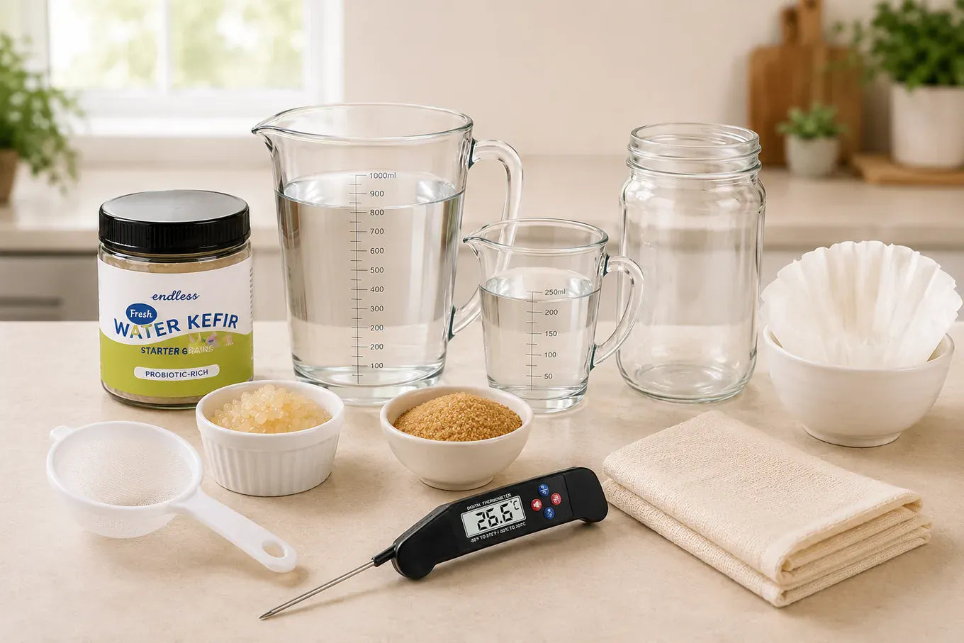 Cultures for Health Endless Water Kefir grains jar with the ingredients and equipment needed: measuring cups, quart jar, cane sugar, grains, thermometer, strainer, coffee filters, and cloth