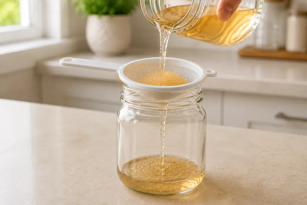 Finished water kefir being strained through a mesh strainer while the grains are saved for the next batch