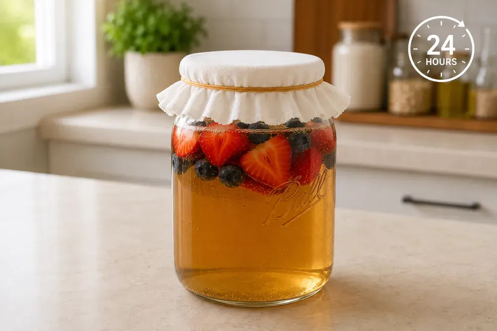 Second-ferment water kefir with fruit floating at the top of the jar
