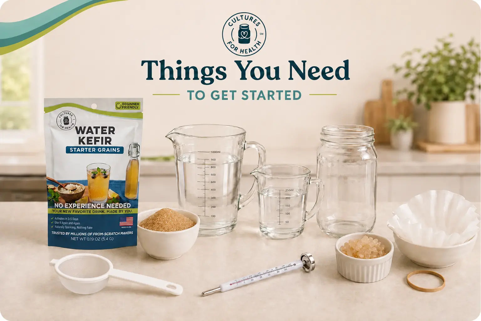 New Cultures for Health Water Kefir Starter Grains pouch with the ingredients and equipment needed to get started