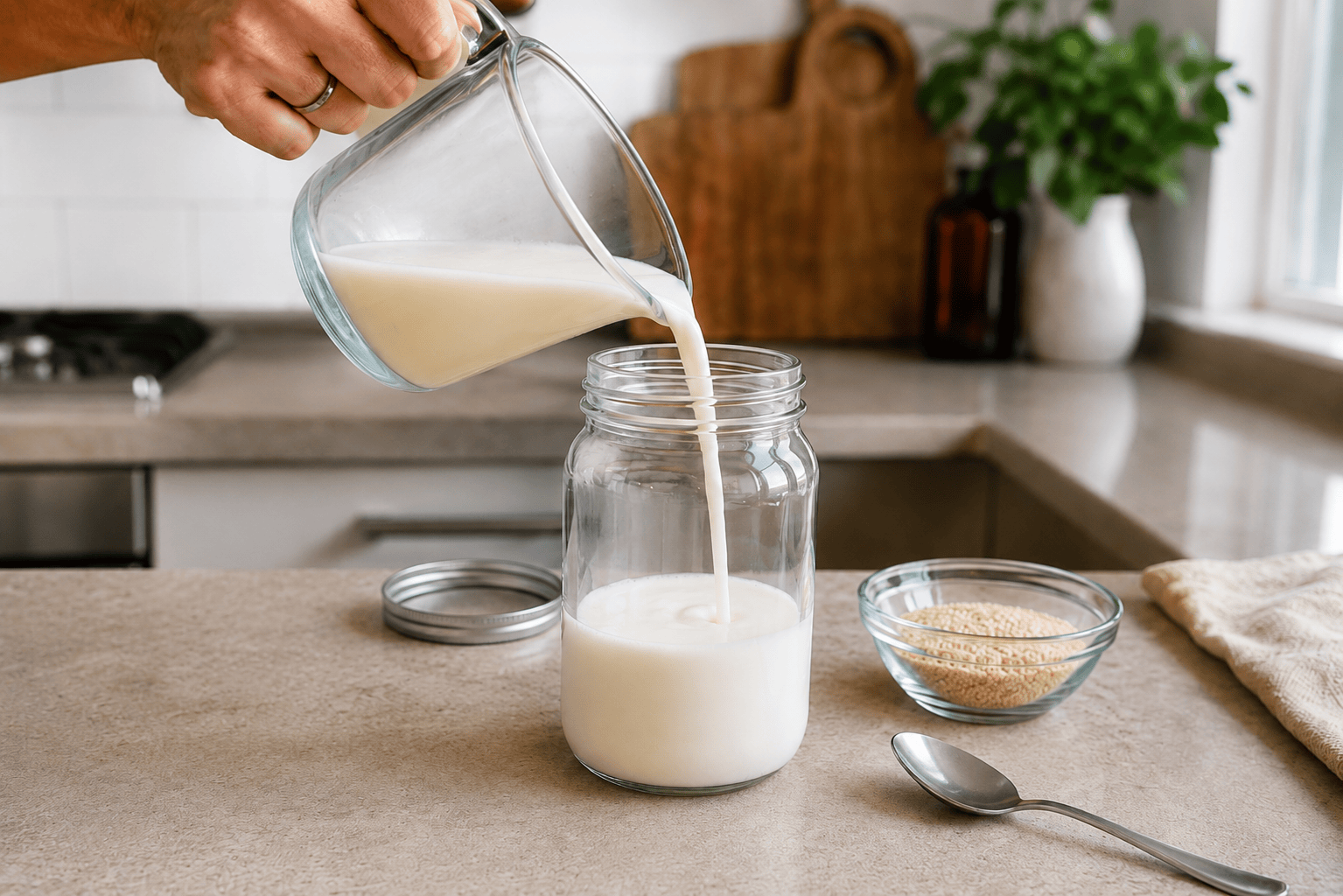Milk being measured and poured into a clean glass jar for kefir starter
