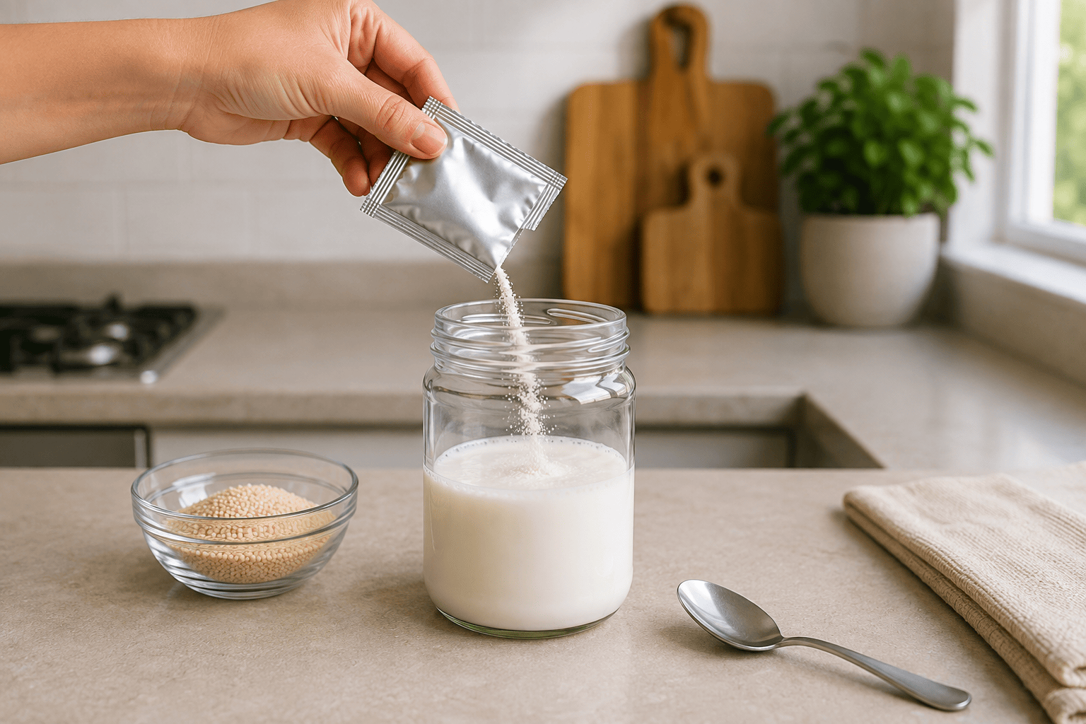 Kefir starter powder being added to milk in a glass jar