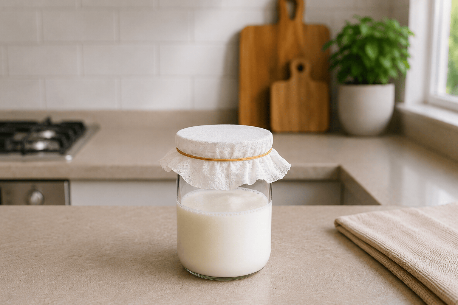 Kefir culture covered with a cloth and rubber band on a kitchen counter