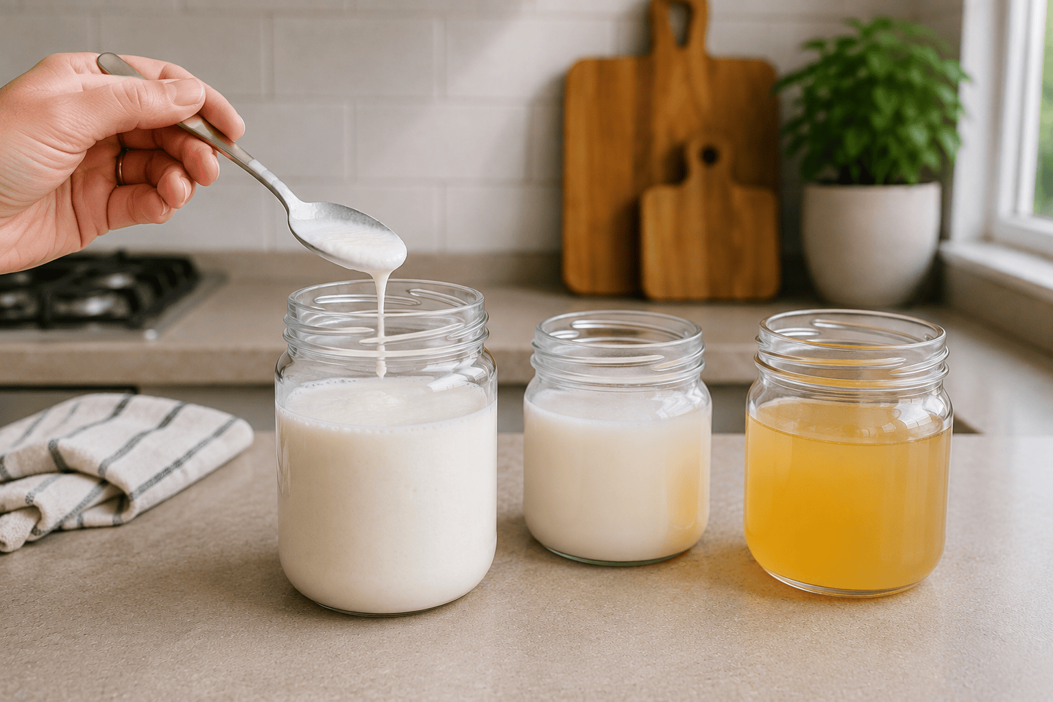 Three jars showing finished kefir made with different bases