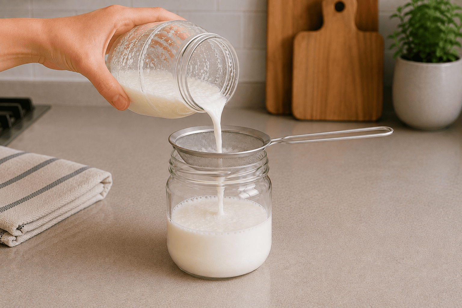 Finished kefir being poured through a mesh strainer into a clean glass jar