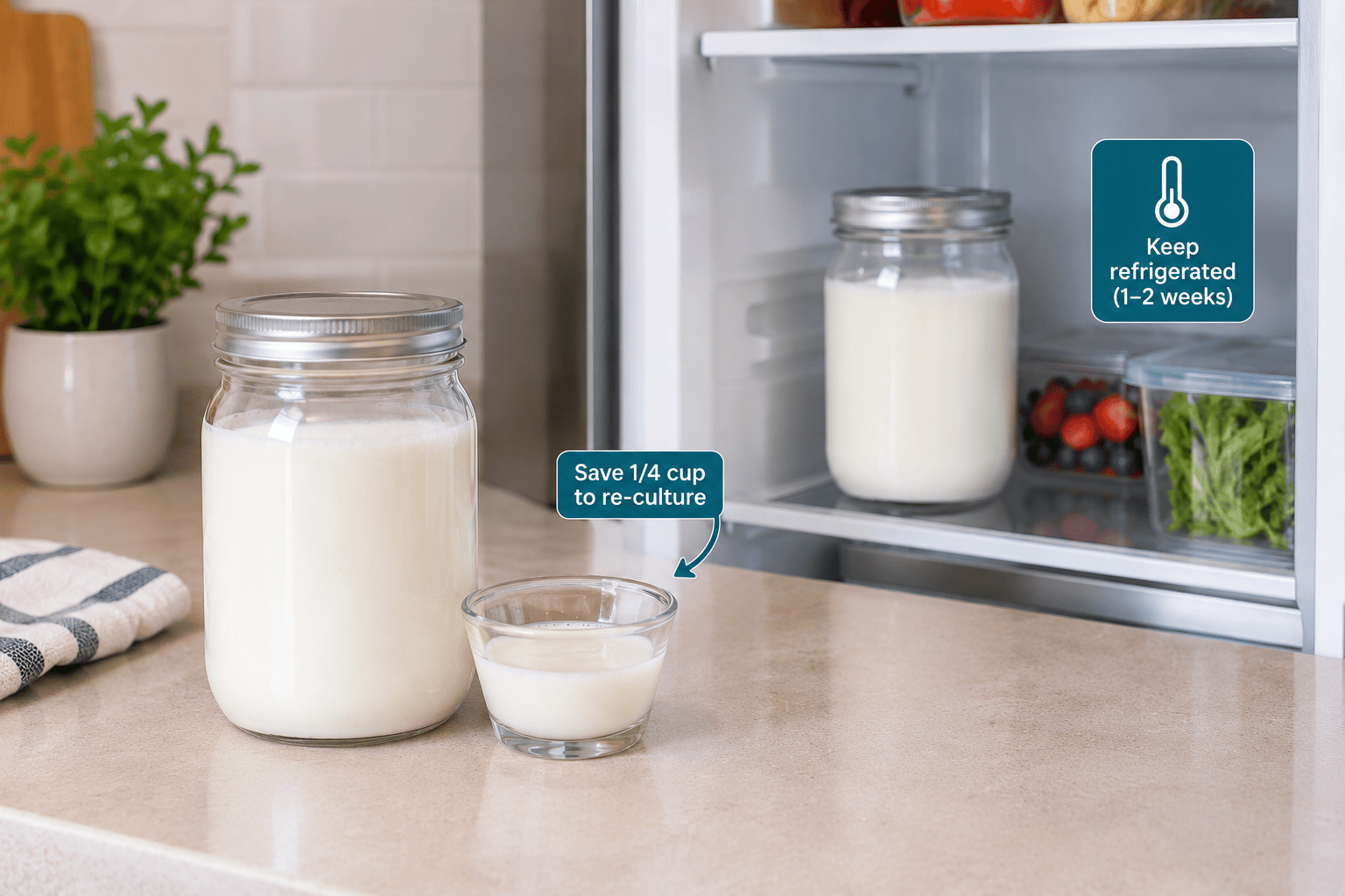 Finished kefir stored in the refrigerator with one-quarter cup reserved for reculturing
