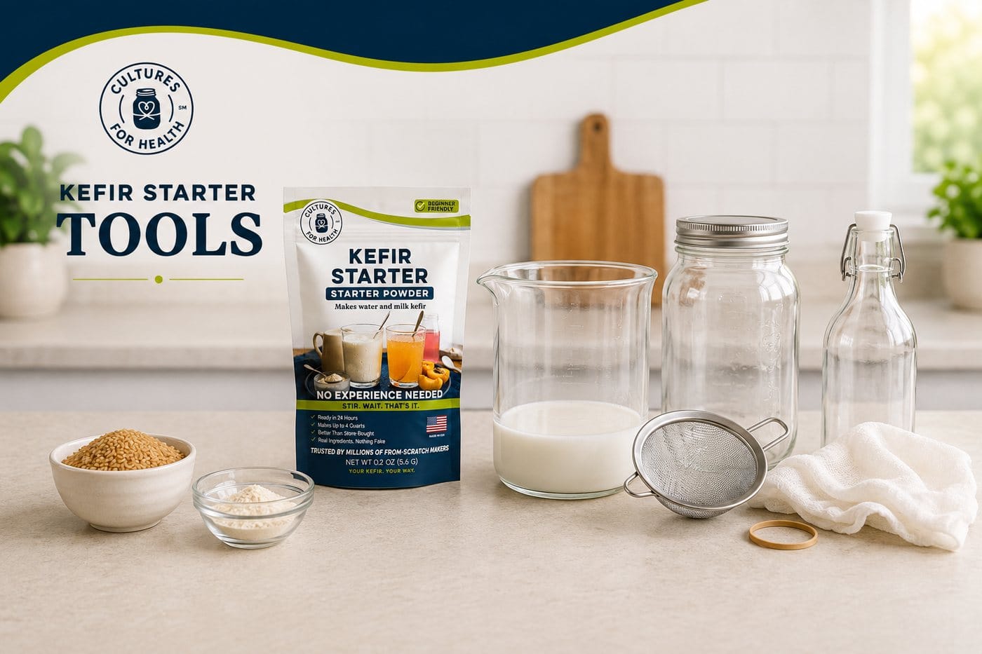 Kefir Starter Powder pouch with jars, strainer, filter, rubber band, and culturing supplies