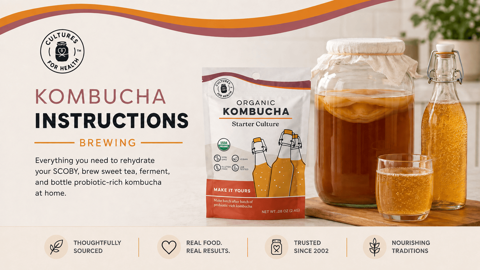 Cultures for Health Kombucha Instructions banner with the starter culture pouch, covered brewing jar, finished kombucha bottle and glass