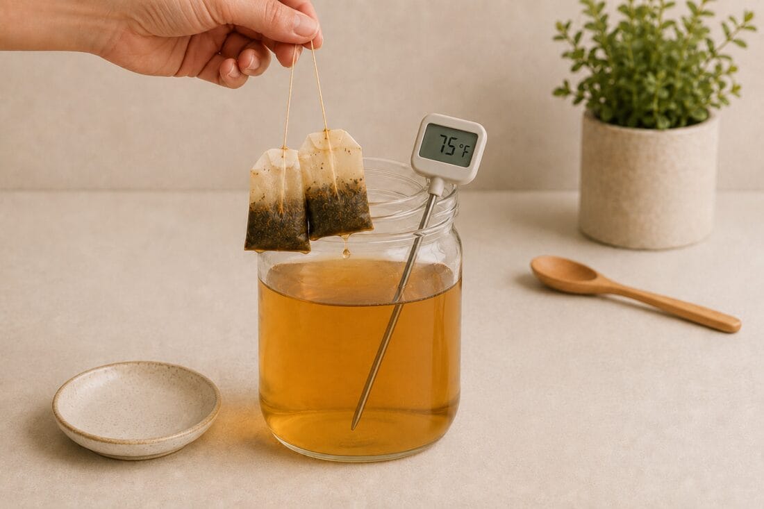 Tea bags being removed after the sweet tea has cooled to 75 degrees Fahrenheit