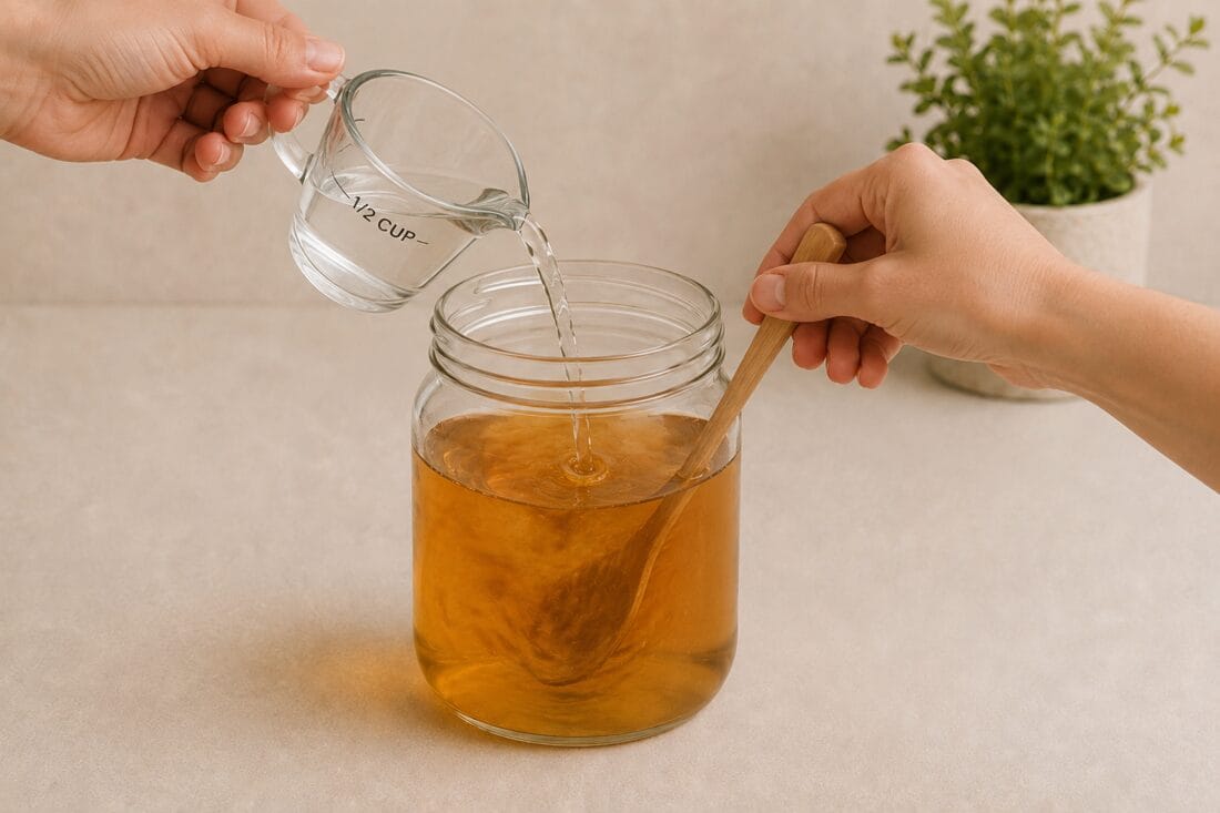 One-half cup of distilled white vinegar being poured into cooled sweet tea