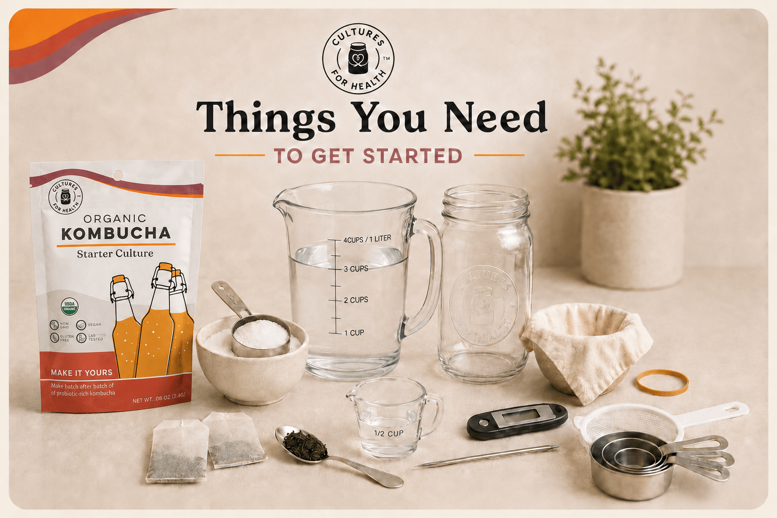 Cultures for Health Kombucha Starter Culture with a glass jar, water, sugar, tea, vinegar, thermometer, cloth cover, strainer and measuring cups