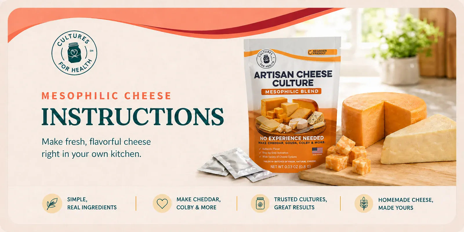 Cultures for Health Mesophilic Cheese instructions banner featuring the new Artisan Cheese Culture Mesophilic Blend pouch and homemade cheeses.