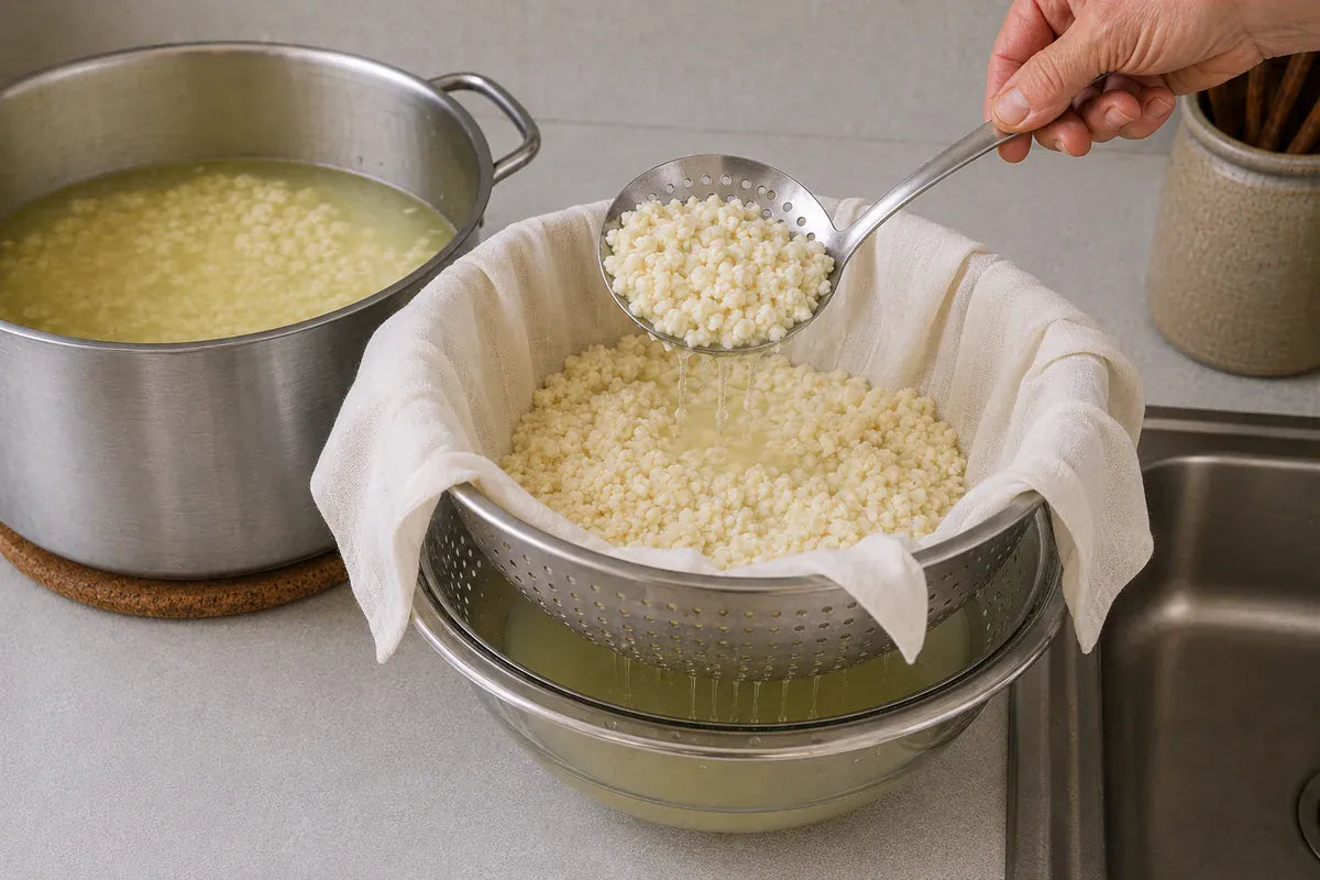 Curds being transferred into a butter-muslin-lined colander while the whey drains.
