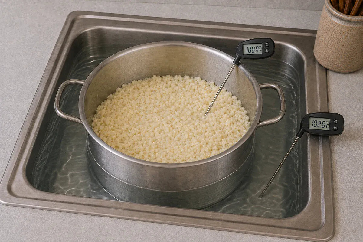 A pot of curds held near 100°F inside a 102°F warm-water bath.