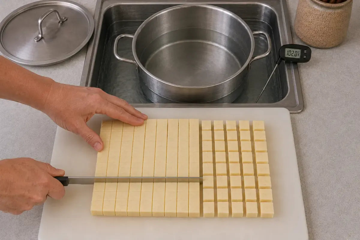 A firm curd mat being cut with a straight perpendicular cross-cut into uniform half-inch cubes on a clean cutting board.