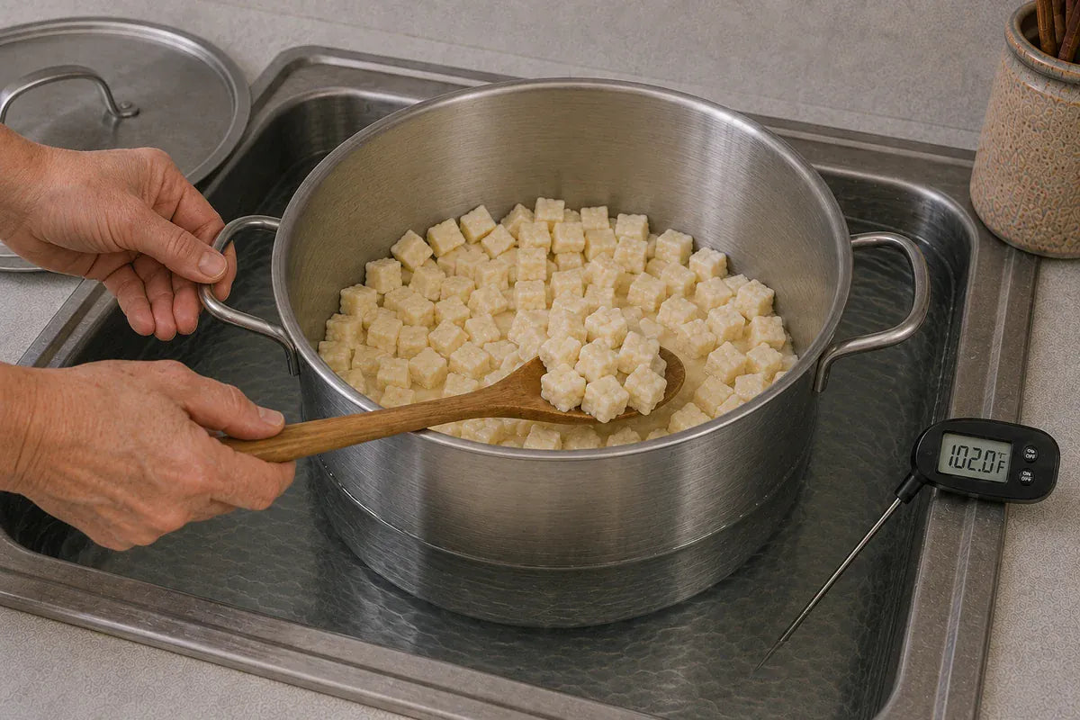 Half-inch curd cubes receiving a gentle stir in the warm-water bath.