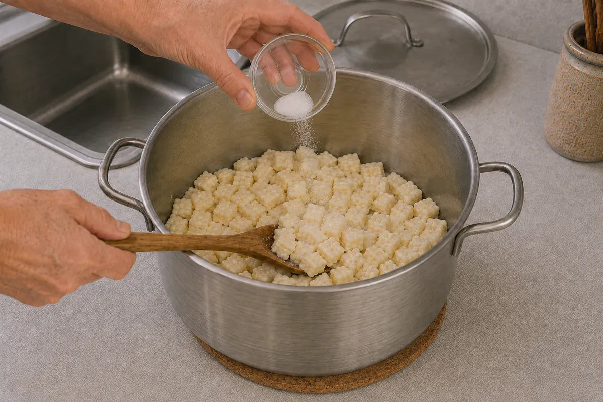 Fine cheese salt being sprinkled over the curds before a final gentle stir.