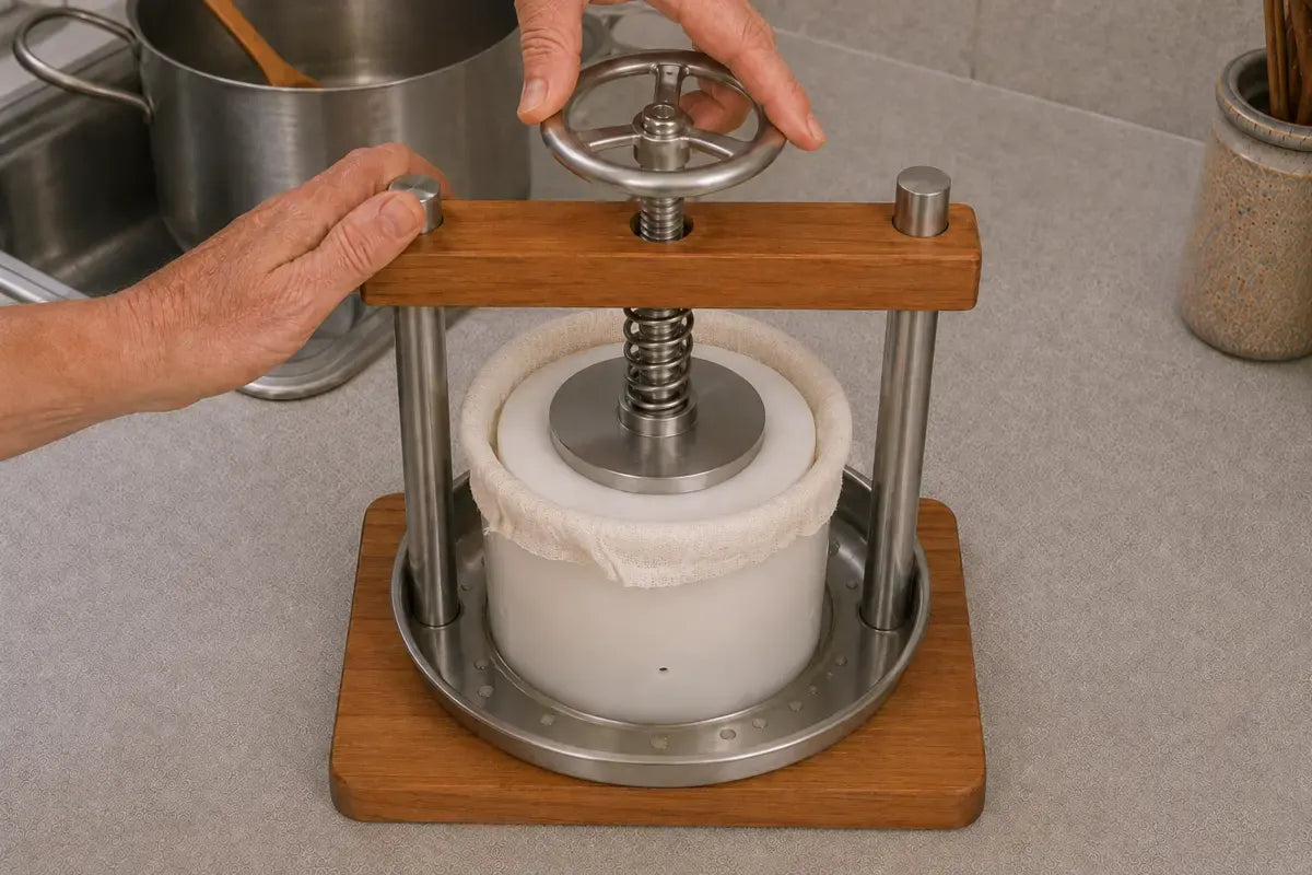 Cheesecloth-wrapped curds receiving the first press inside the white CFH cheesemaking mold.