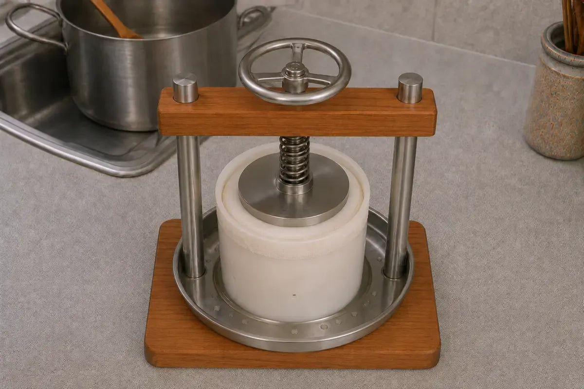 The wrapped cheese wheel under its final pressure inside the white CFH cheesemaking mold.