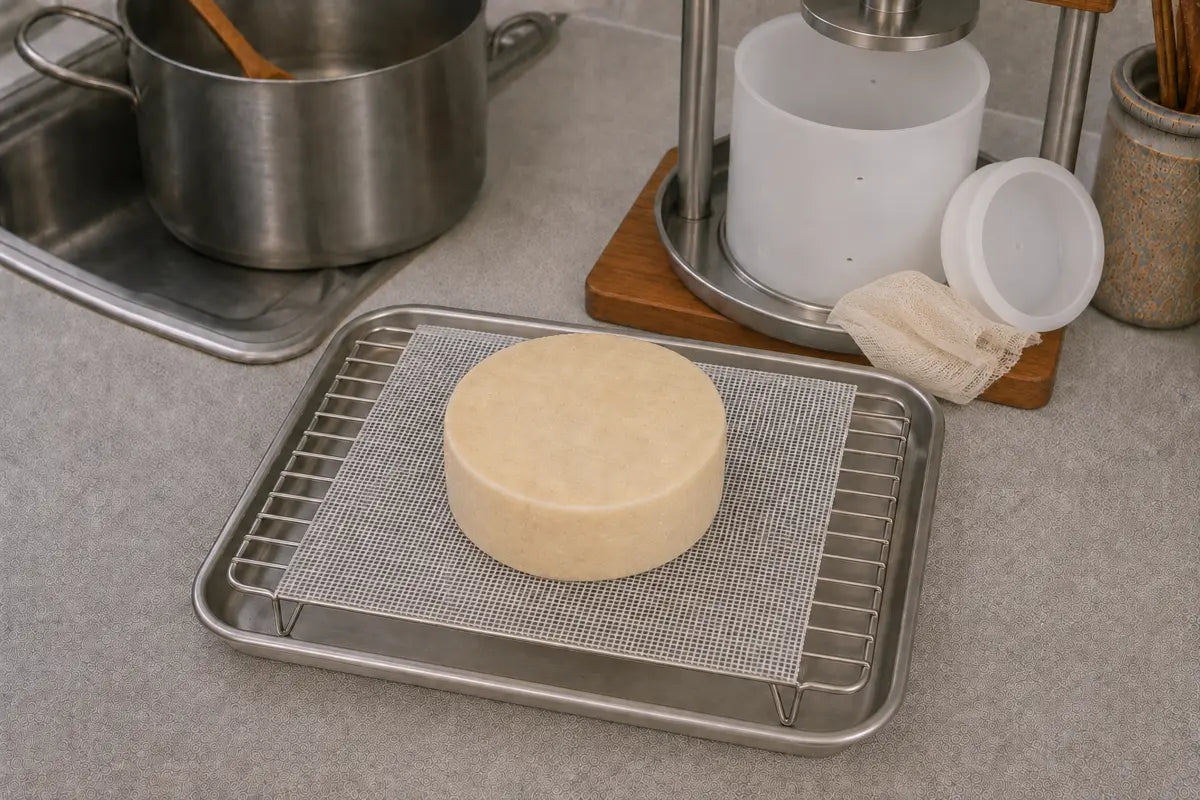 The pressed cheese wheel air-drying on a clean raised mesh rack beside the white CFH cheesemaking mold and follower.