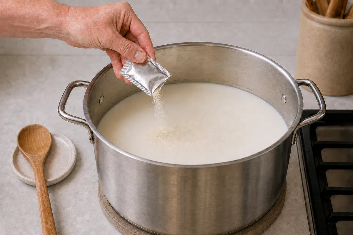 Mesophilic starter culture powder being sprinkled from a silver packet over the milk.