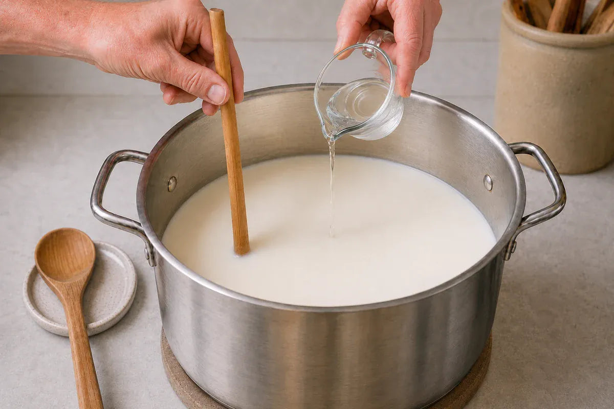 Dissolved rennet in a quarter-cup glass measure being poured into the milk.