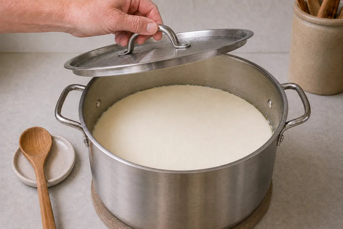 A lid being lifted to reveal firm set curd in the stainless-steel pot.