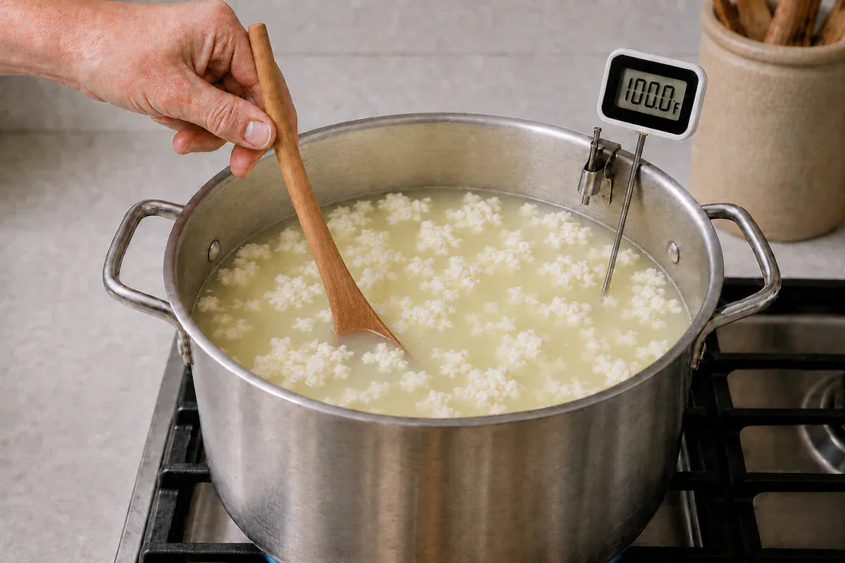 Curds being stirred gently while warming gradually toward 100°F.