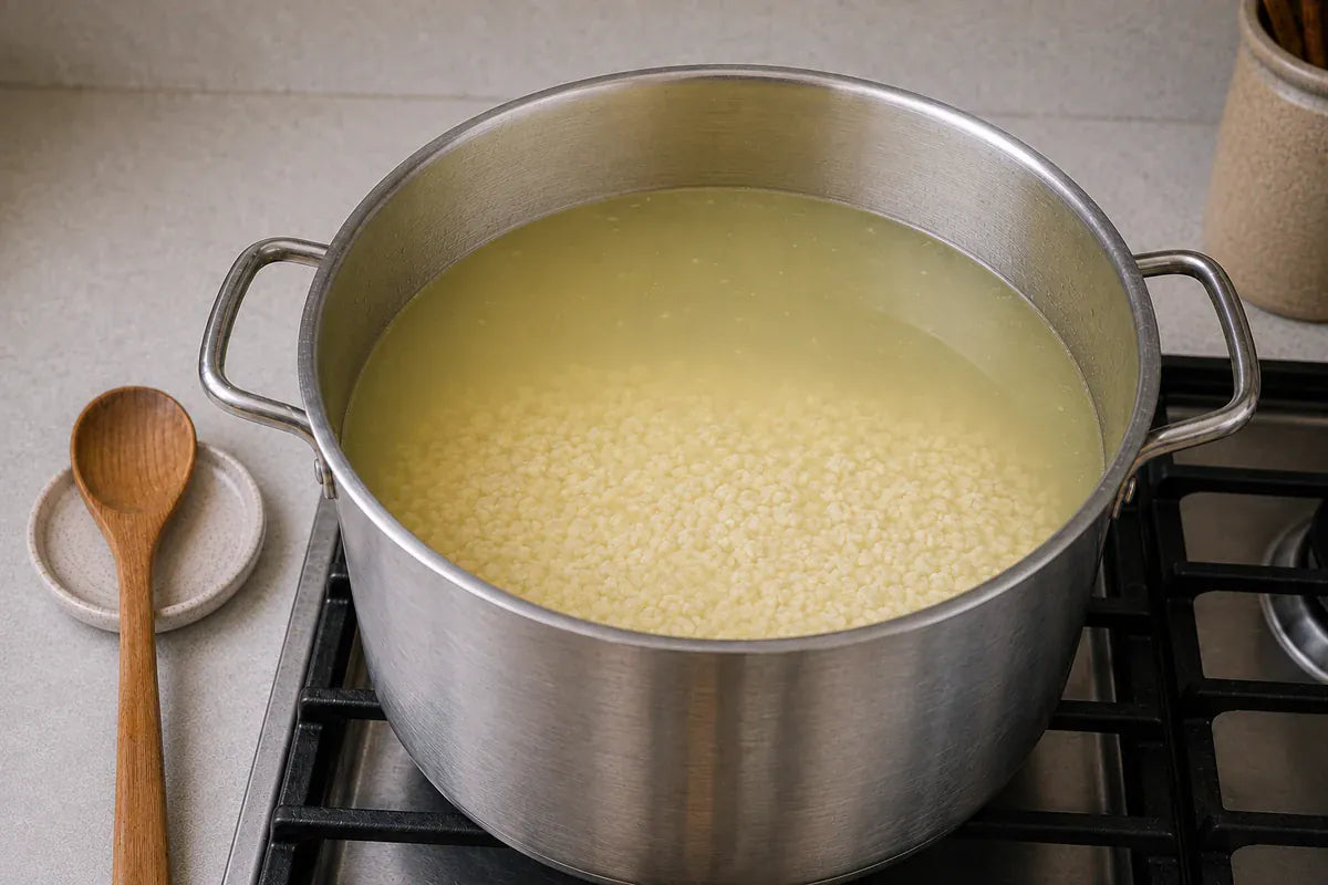 Cooked curds resting at the bottom of the pot beneath clear pale whey.