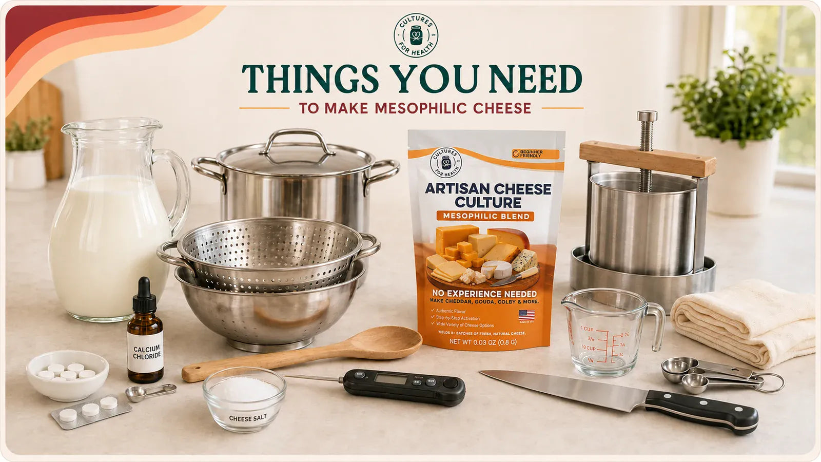 Mesophilic cheese ingredients and equipment including milk, the new Artisan Cheese Culture Mesophilic Blend pouch, pot, colander, press, thermometer, knife, muslin, and measuring tools.
