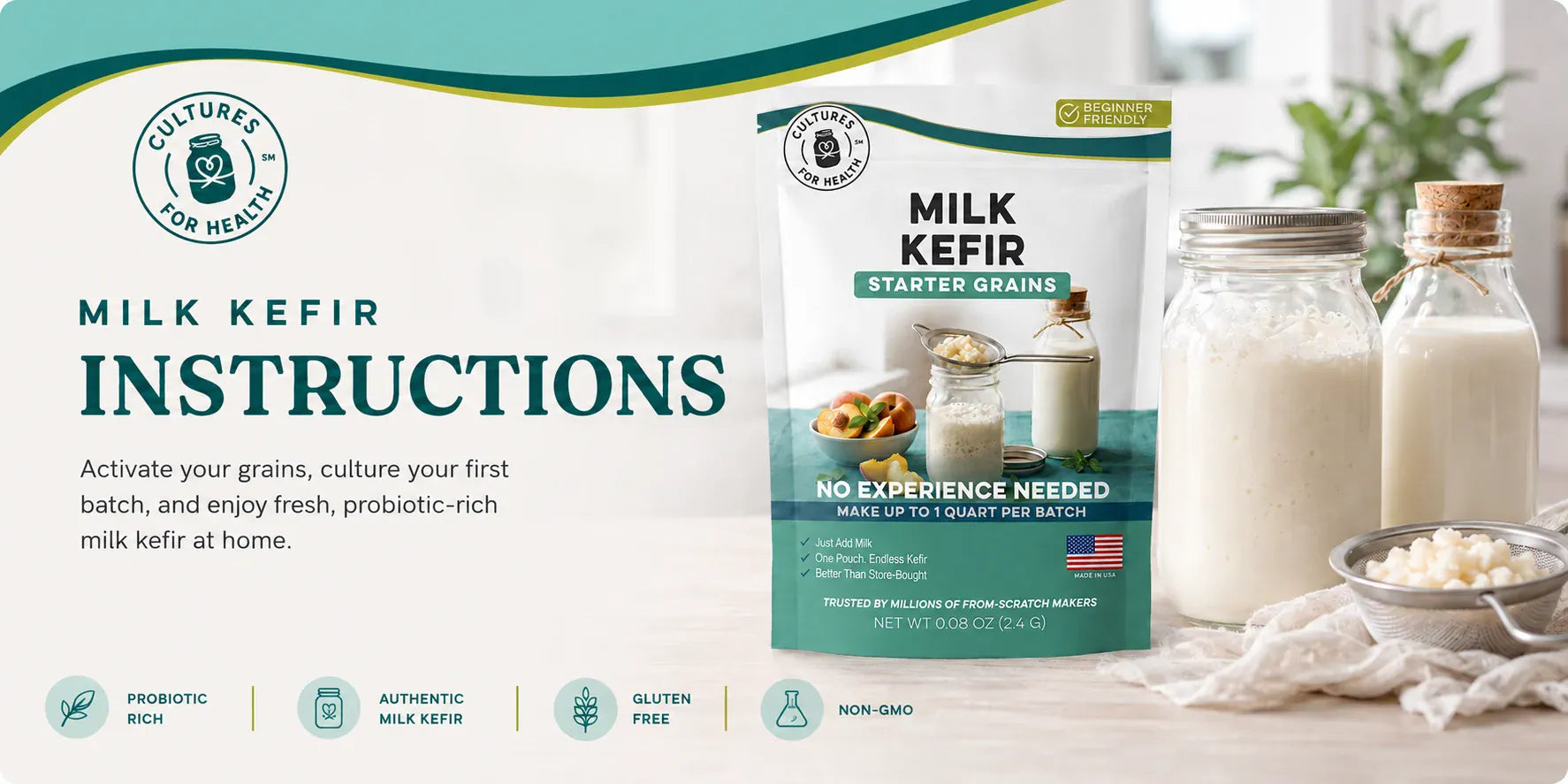 Cultures for Health Milk Kefir Starter Grains pouch beside jars of finished milk kefir and a strainer of grains