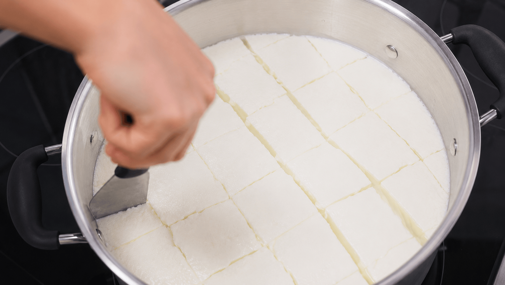 Mozzarella curd cut into a grid
