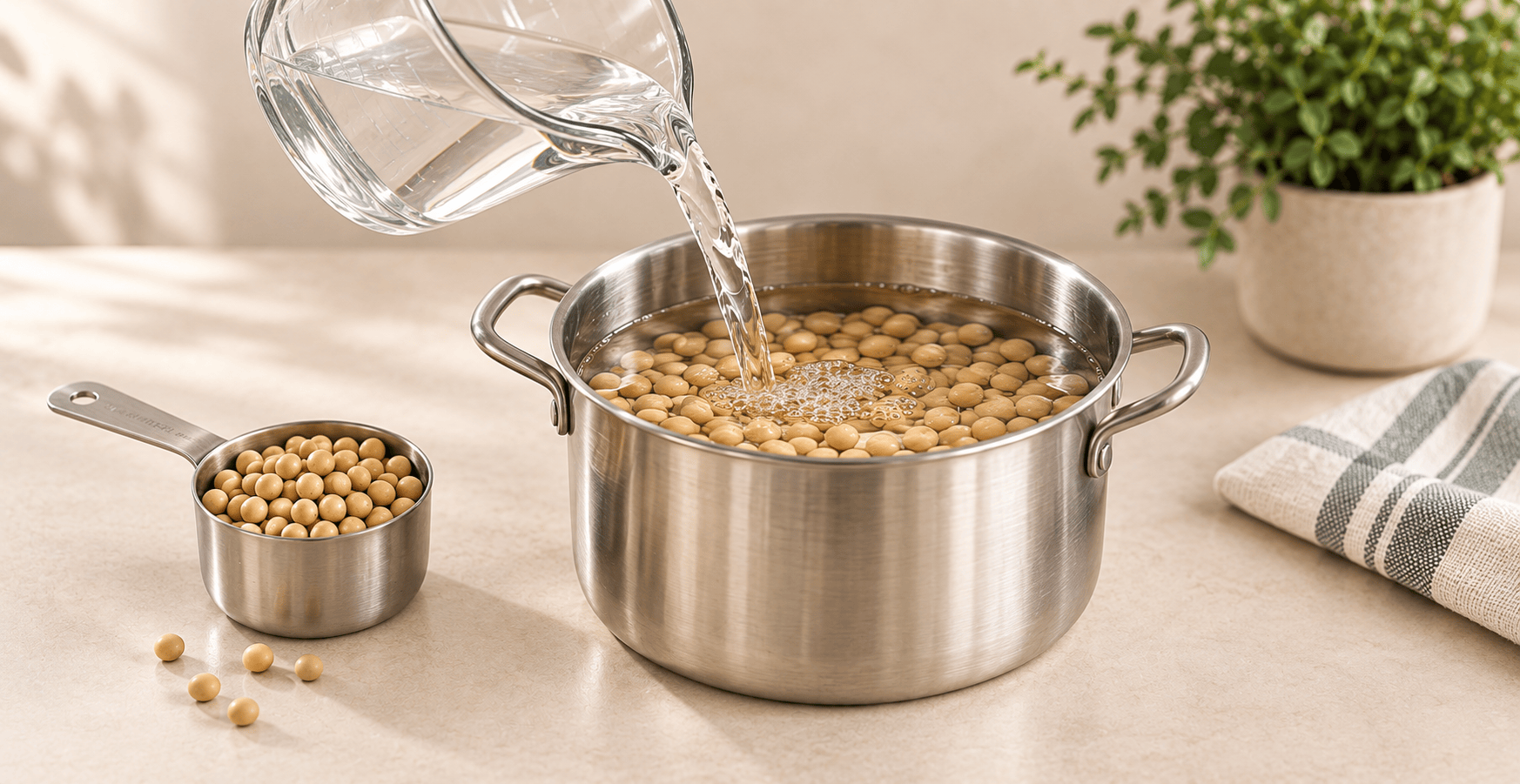 Dried soybeans being covered with filtered water in a stainless-steel pot before soaking for 9 to 12 hours