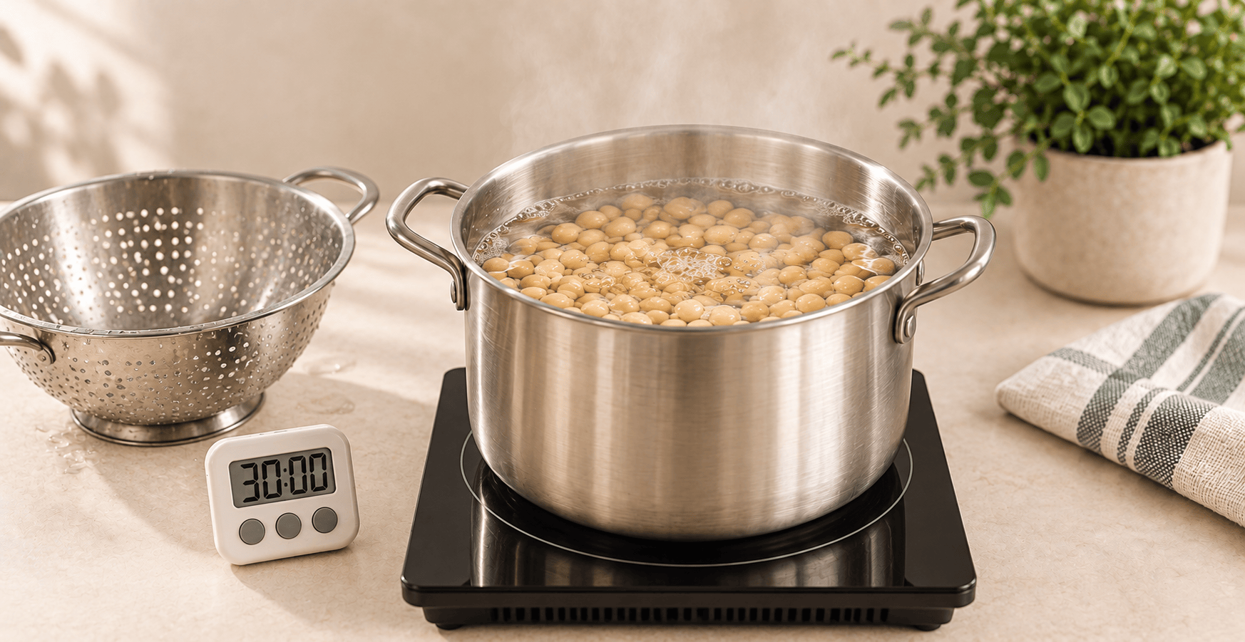 Soaked soybeans gently boiling in fresh water with a 30-minute check timer