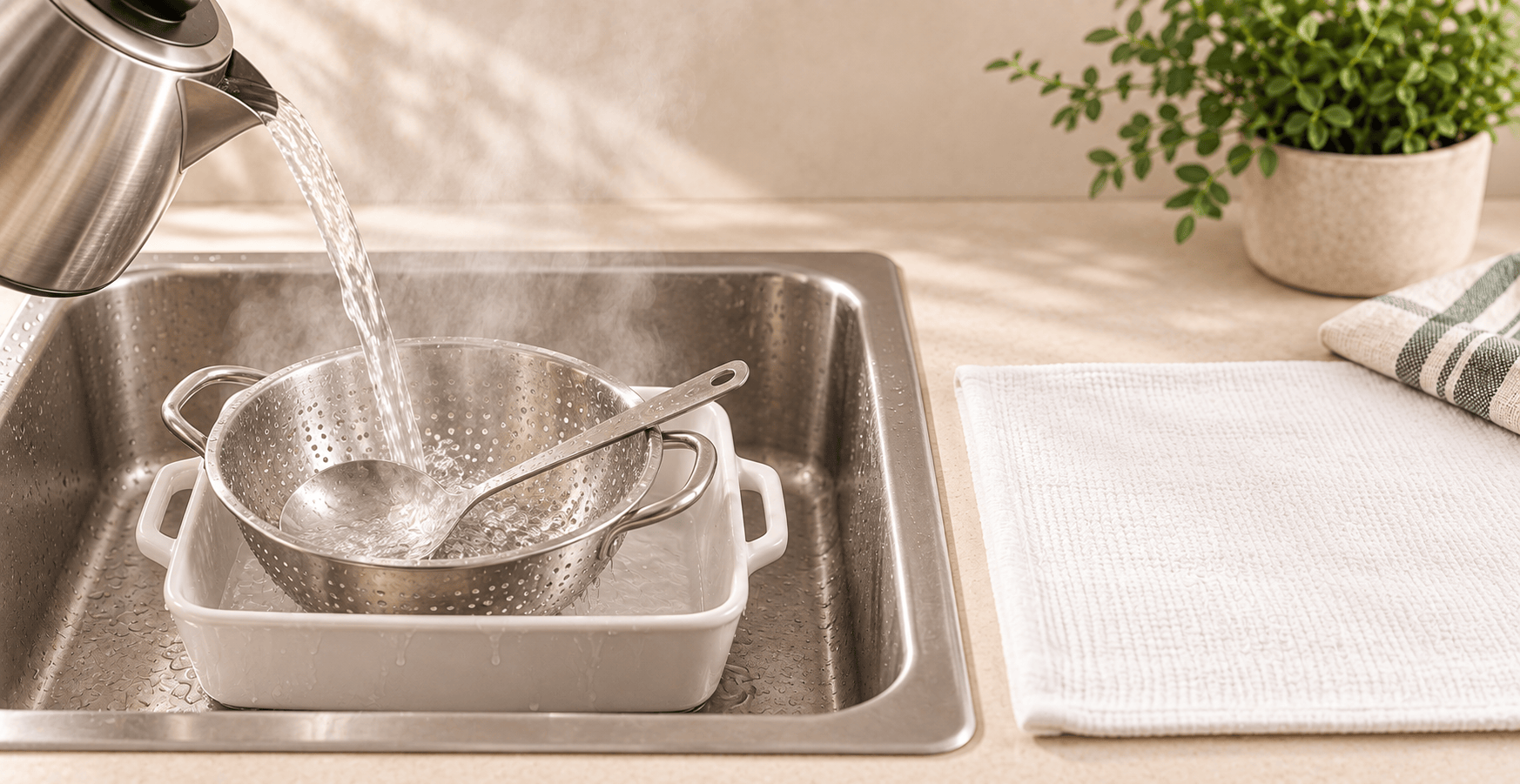 Boiling water sterilizing a stainless-steel colander, cooking spoon, and white casserole dish
