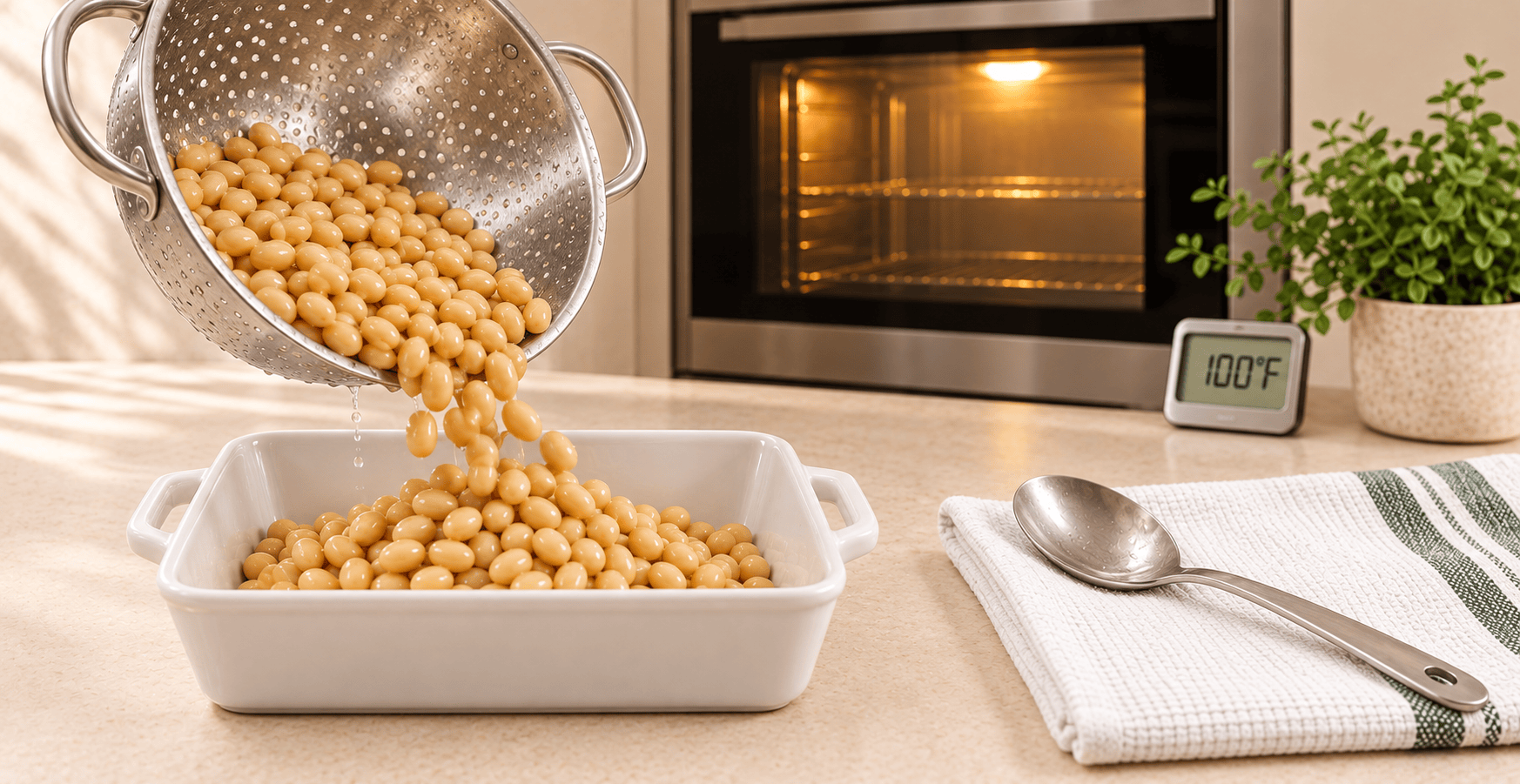 Cooked soybeans draining into a sterilized casserole dish beside a preheated 100 degree Fahrenheit oven