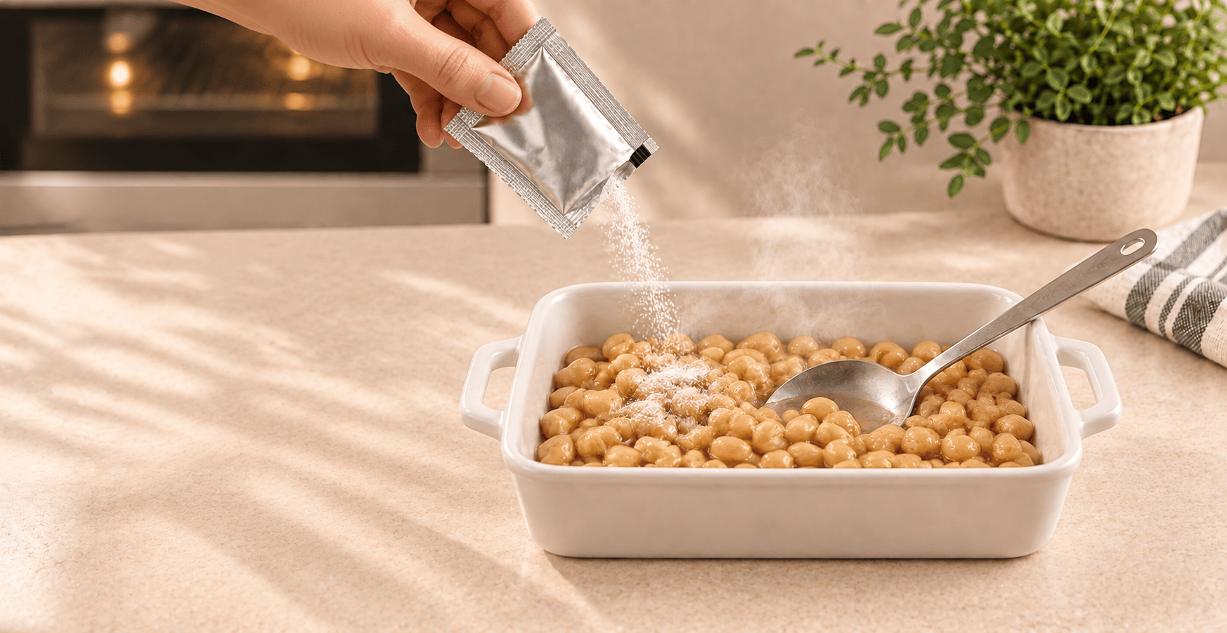 One silver Natto Spores Starter packet being poured directly over hot soybeans in a sterilized casserole dish